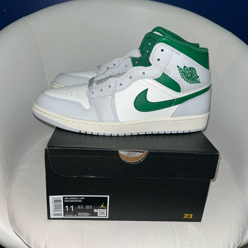 Nike Air Jordan 1 Mid White and Green Sneakers